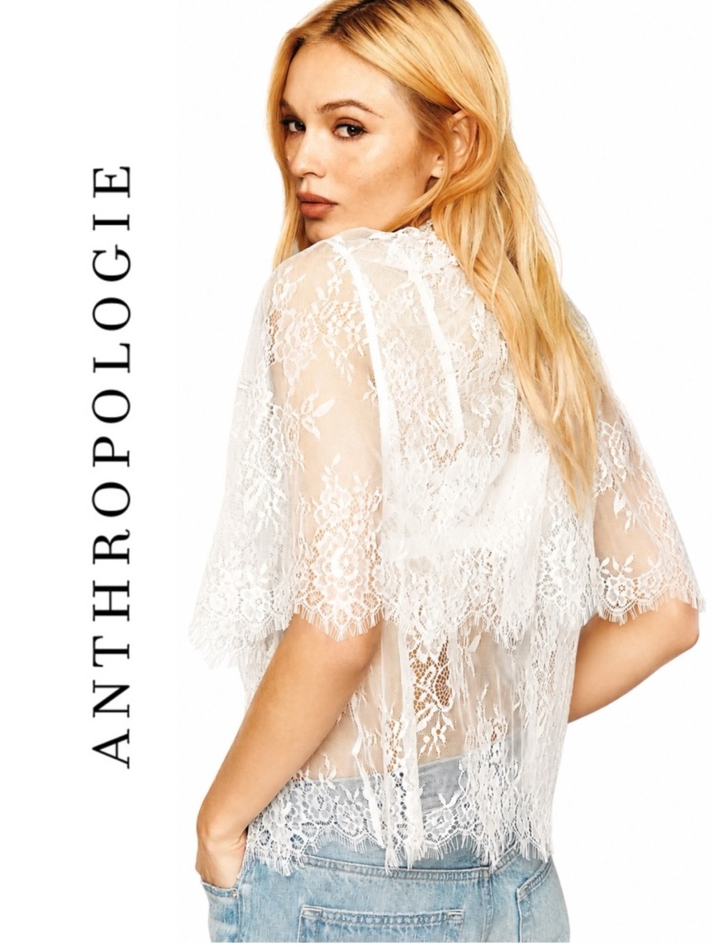 Anthropologie Sheer White Lace Overlay Top